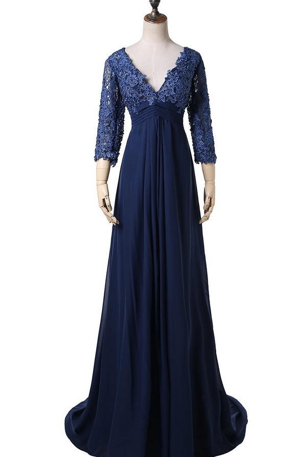 Selling Empire Navy Evening Dresses 3/4 Sleeve V-neck Lace Chiffon Floor Length Party Gowns Zipper Back Custom Made