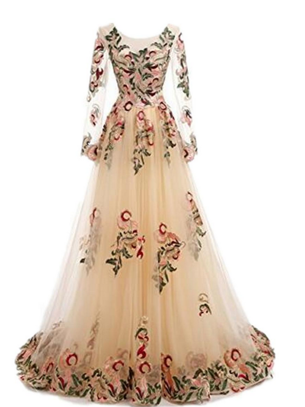 Design Women Full Sleeve Colorful Evening Gowns A Line Tulle Embroidery Prom  Party Dress Scoop P on Luulla