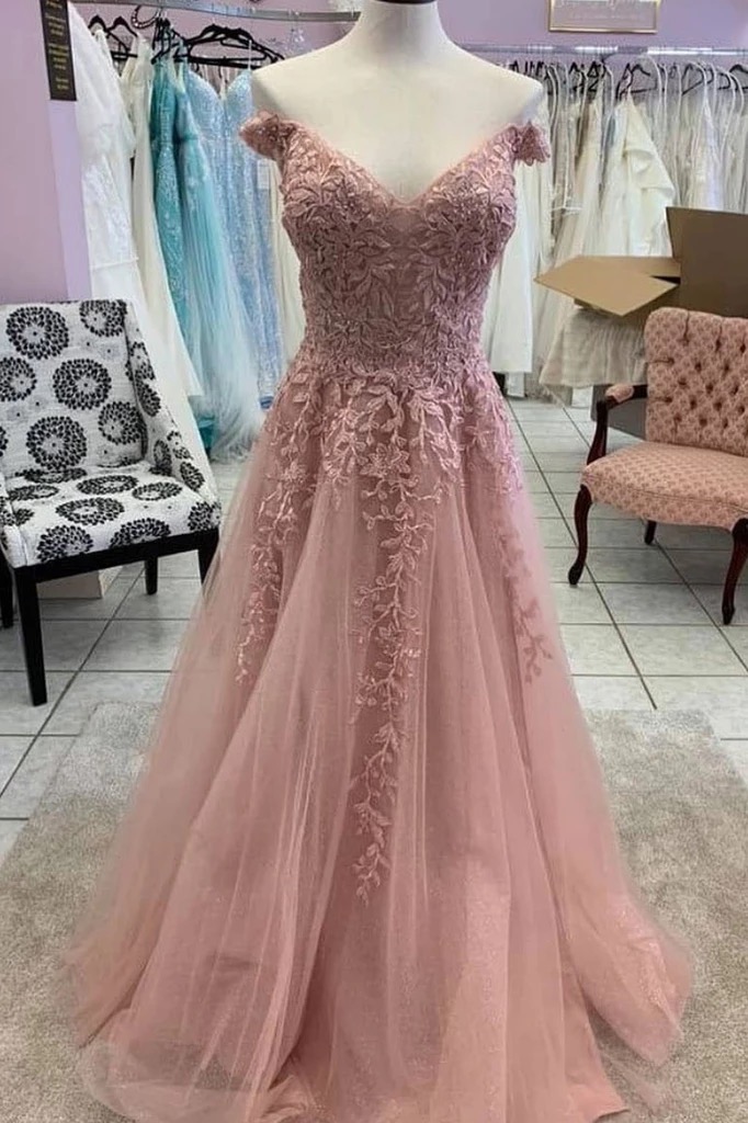 Unique Pink Tulle Off Shoulder Sweetheart Long Formal Prom Dress With Sleeve