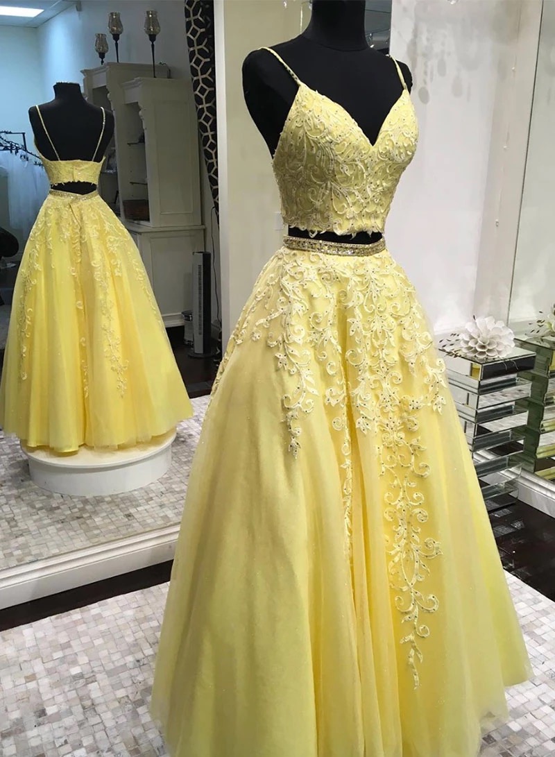 Yellow Tulle Lace V Neck Two Pieces Open Back Long Prom Dress, Homecoming Dress