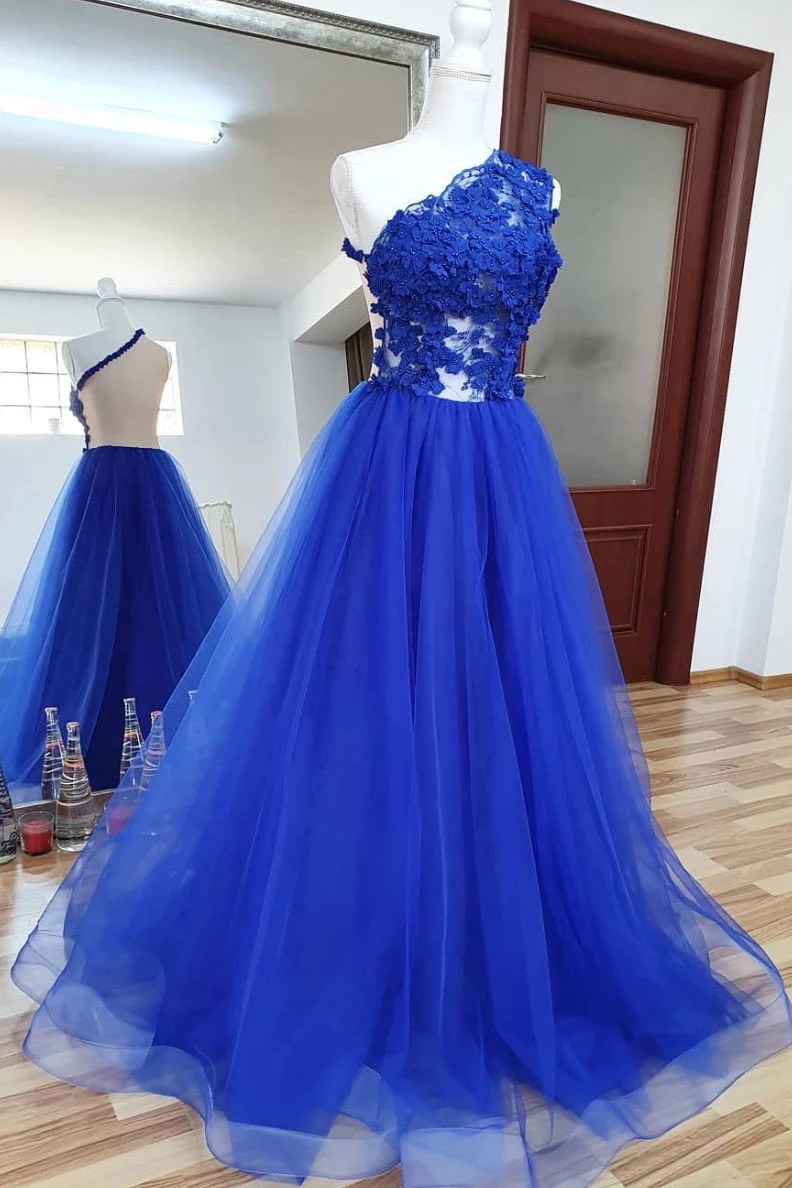 Royal Blue Tulle Lace One Shoulder Long Prom Dress, Homecoming Dress