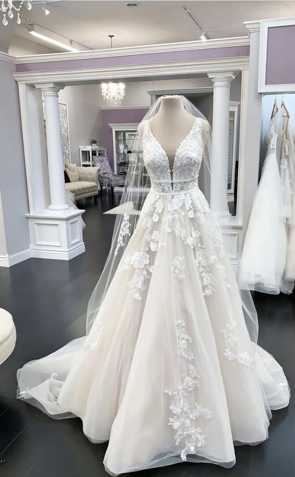 Ivory Tulle Lace V Neck Sweep Train Lace Up Long Prom Dress, Wedding Dress