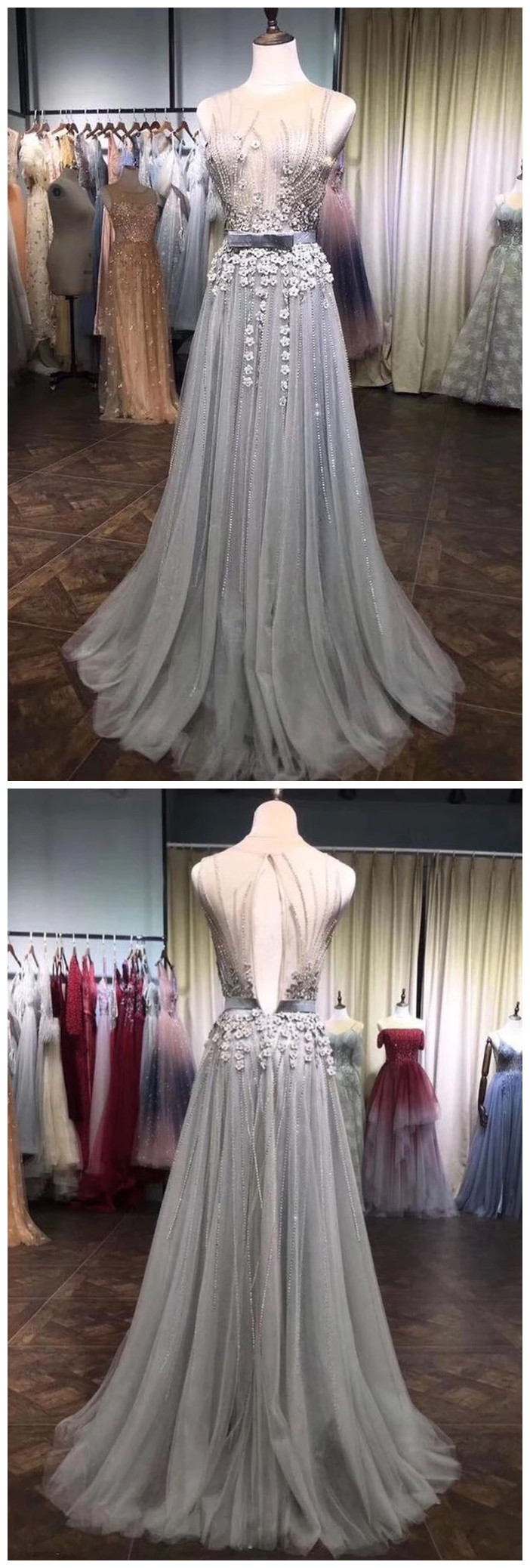 Gray Tulle 3d Flower Lace Applique Long Senior Prom Dress, Evening Dress