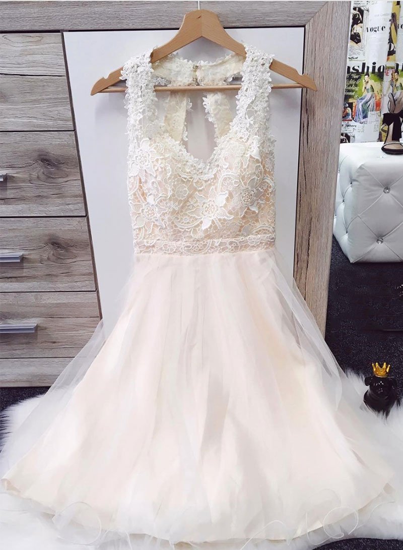 White Lace Tulle Short V Neck Prom Dress, Mini Homecoming Dress