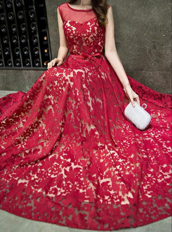 Burgundy Lace Sequins Long Prom Dress, Burgundy Evening Dress