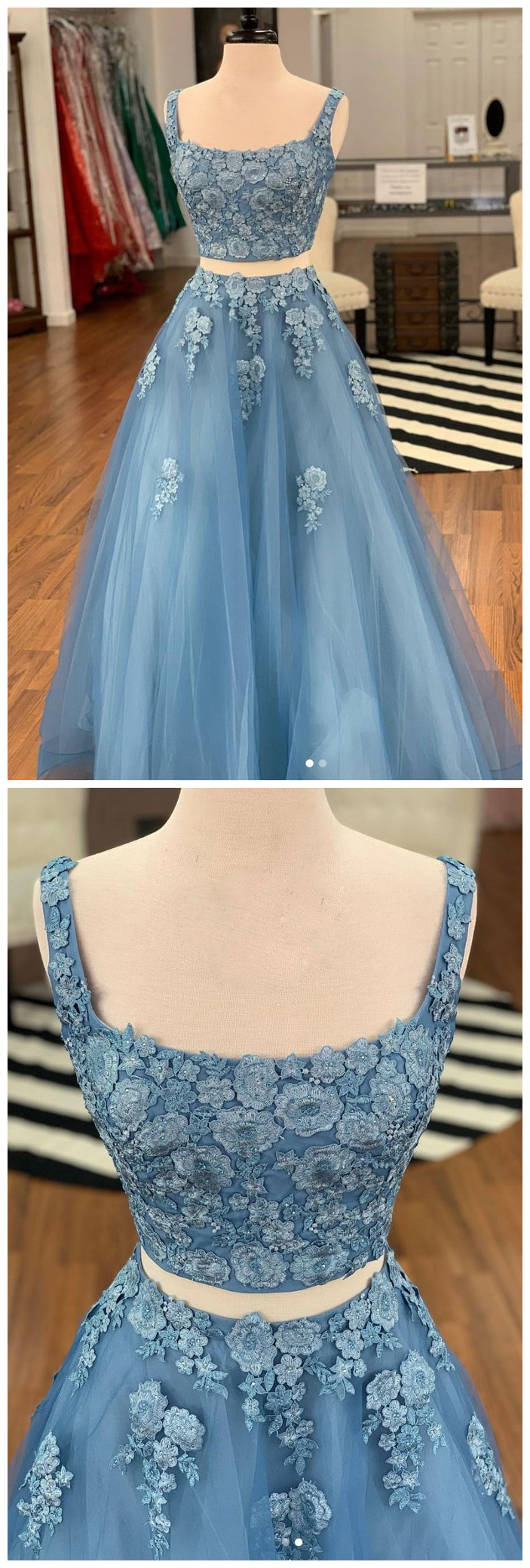 Blue Tulle Two Pieces Long Lace Prom Dress, Homecoming Dress