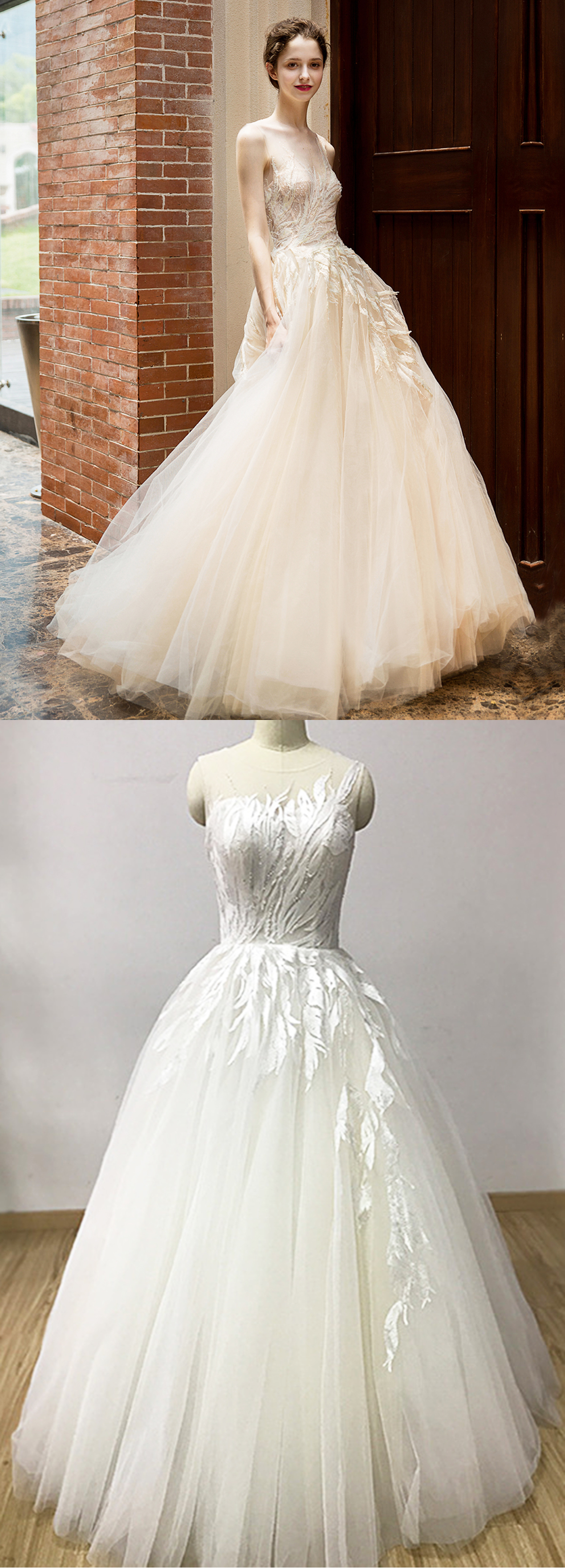Ivory Tulle Round Neck Beaded Lace Long Senior Prom Dress, Evening Dress