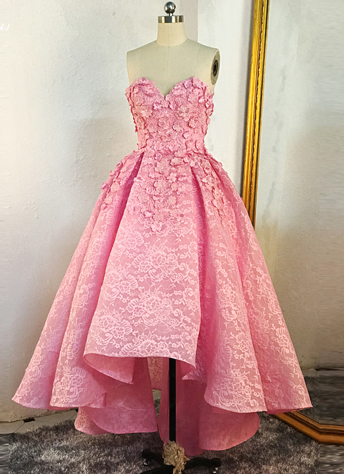 Pink Lace Sweetheart Neck High Low Homing Dress, Prom Dress With Applique