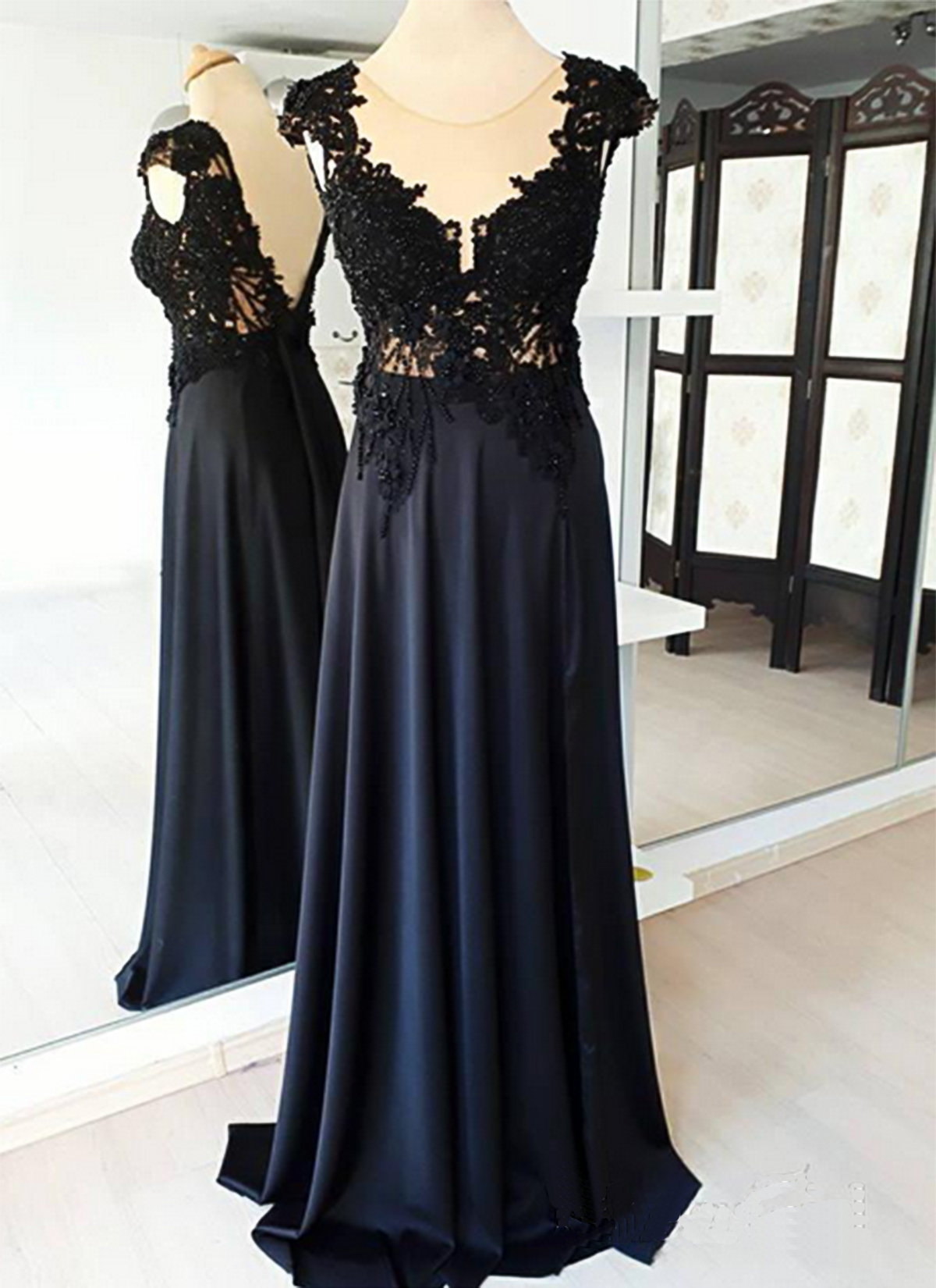 Black Lace Cap Sleeve Long Formal Prom Dress, Evening Dress
