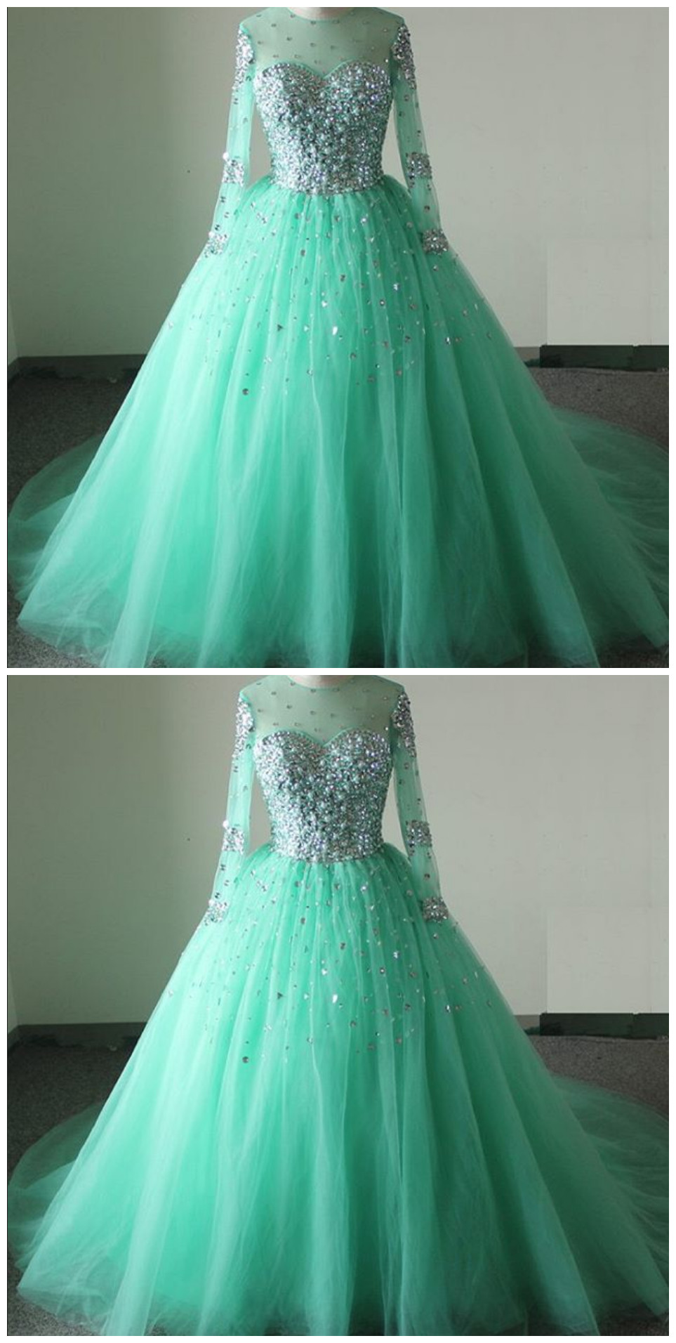 Mint Tulle Beaded Crystals Prom Dresses Long Sleeves Ball Evening Dresses O Neck Formal Gowns Sexy Party Pageant Dresses