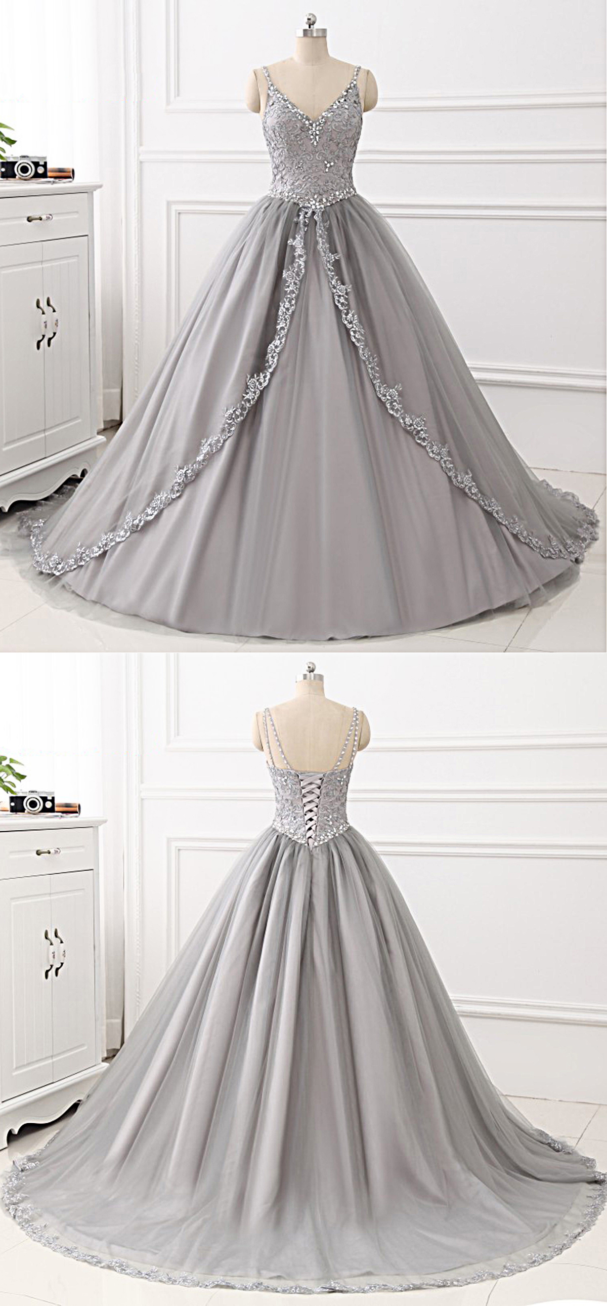 Gray Tulle Lace V Neck Spaghetti Straps Long Prom Gown, Evening Dress
