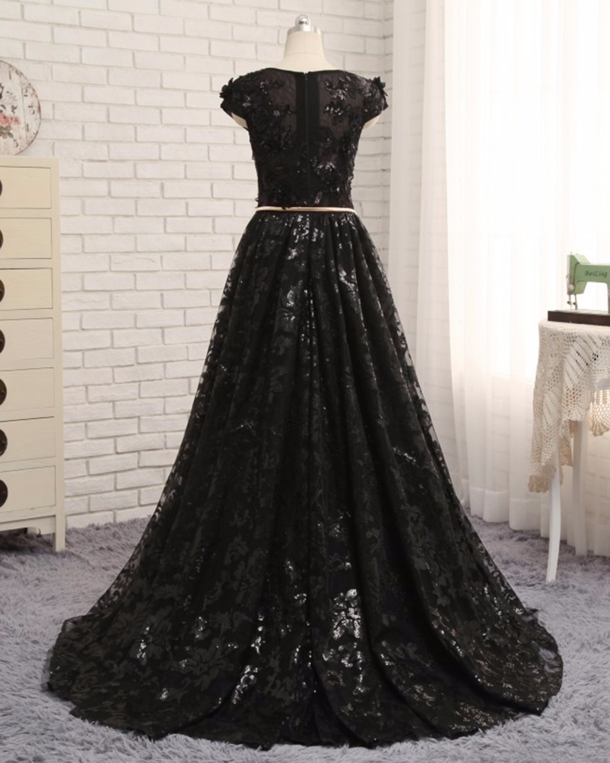Black Lace Cap Sleeve Long Senior Prom Dress, Evening Dress With Belt ...