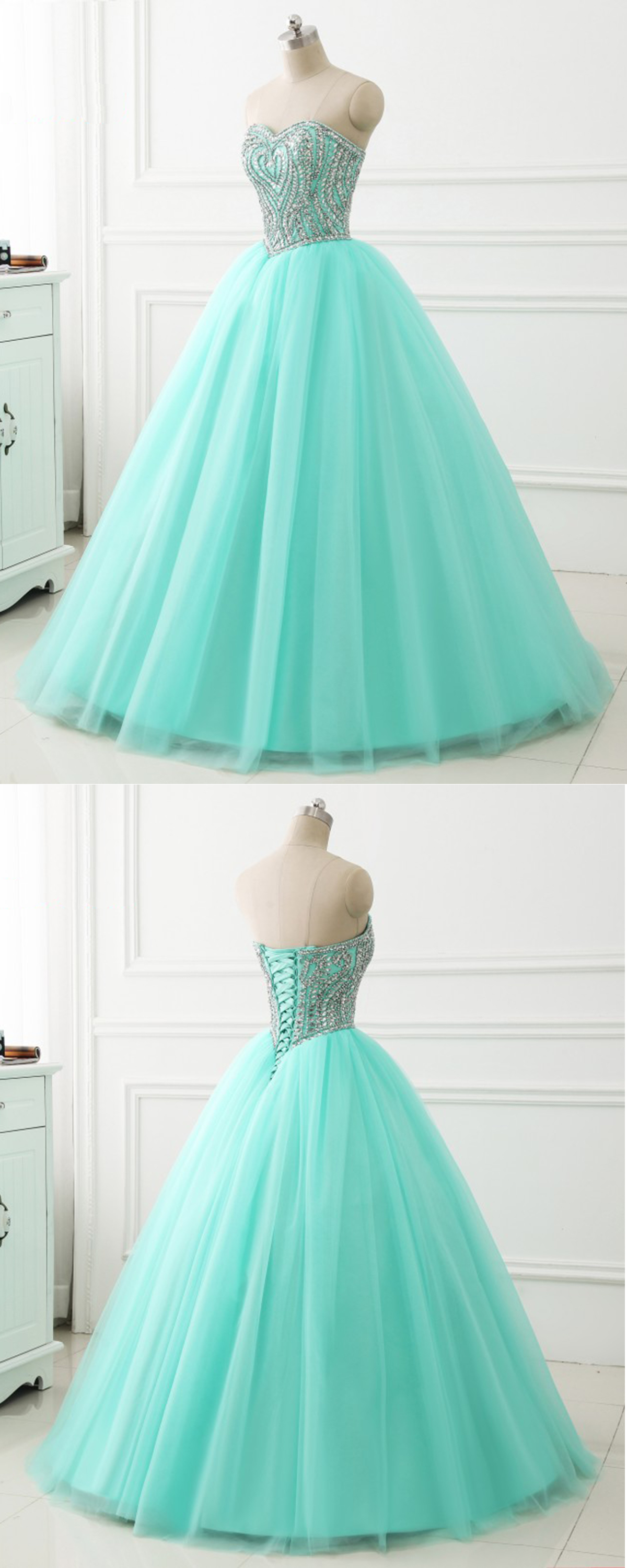 Sweetheart Neck Mint Tulle Beaded Long Ball Gown, Formal Prom Dress
