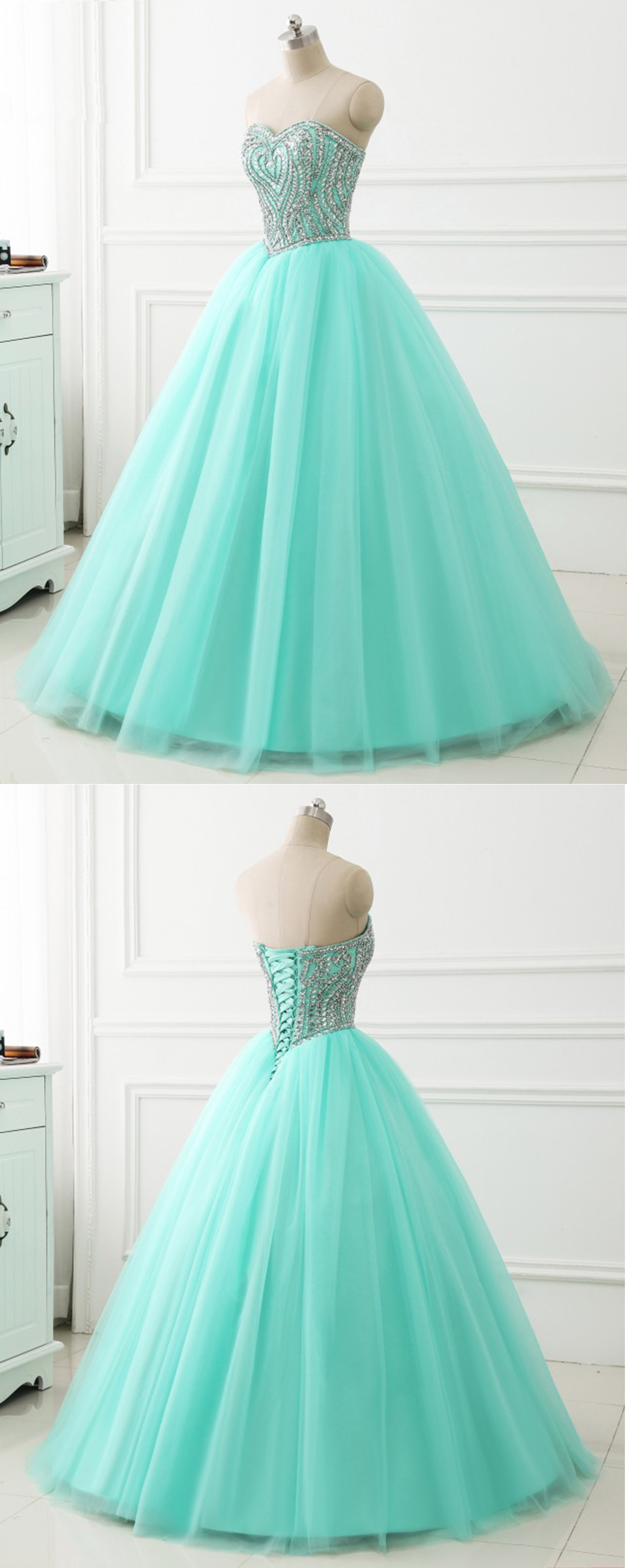 Fashionable V-neck tulle and beaded long ball gown A-line evening dress C1924