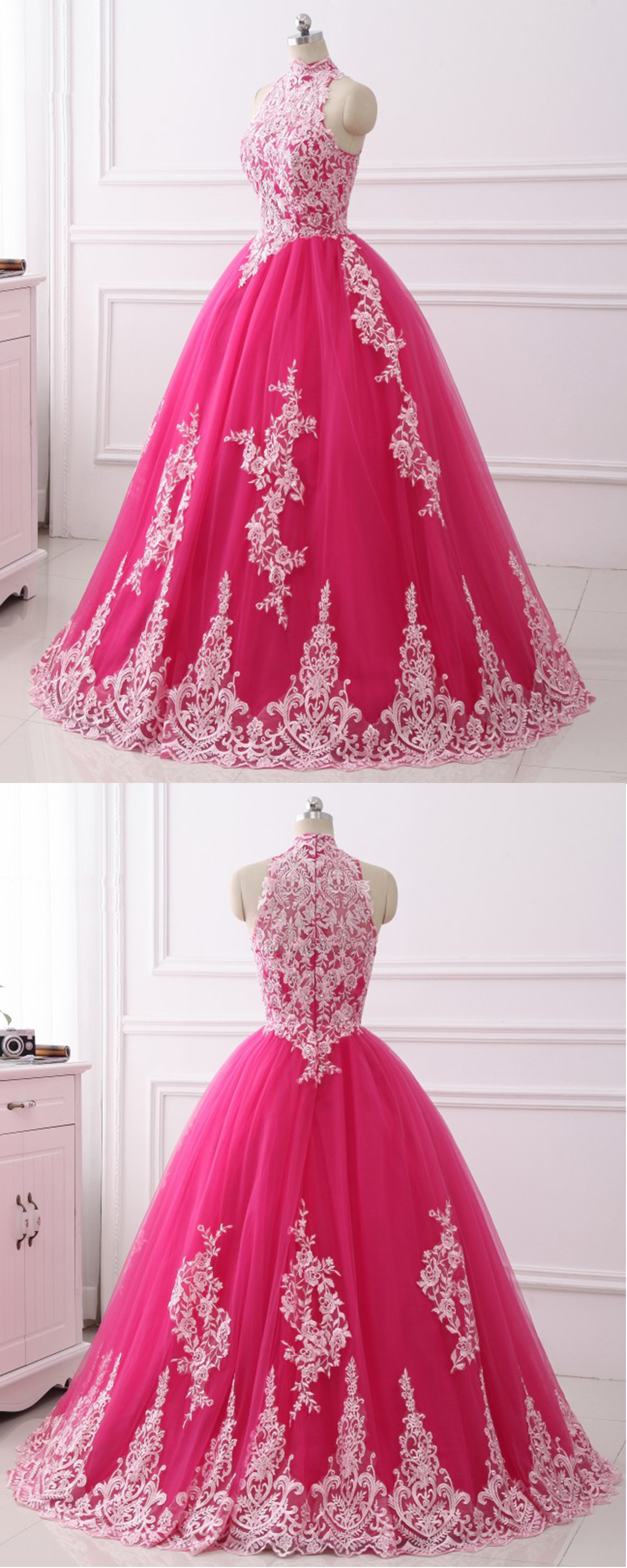 Stylish Pink Tulle Long Quinceanera Dress, Long Sweet 16 Prom Dress