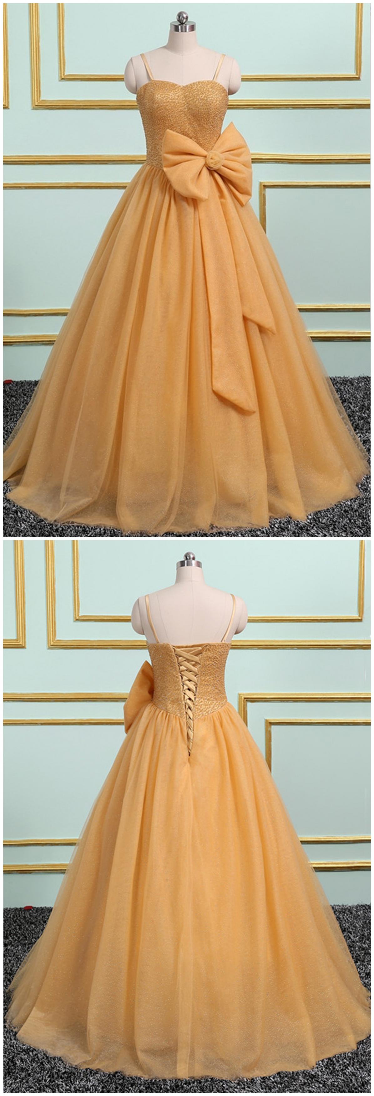 Gold Tulle Long Crystal Evening Dress, Sweet 16 Dress With Bow