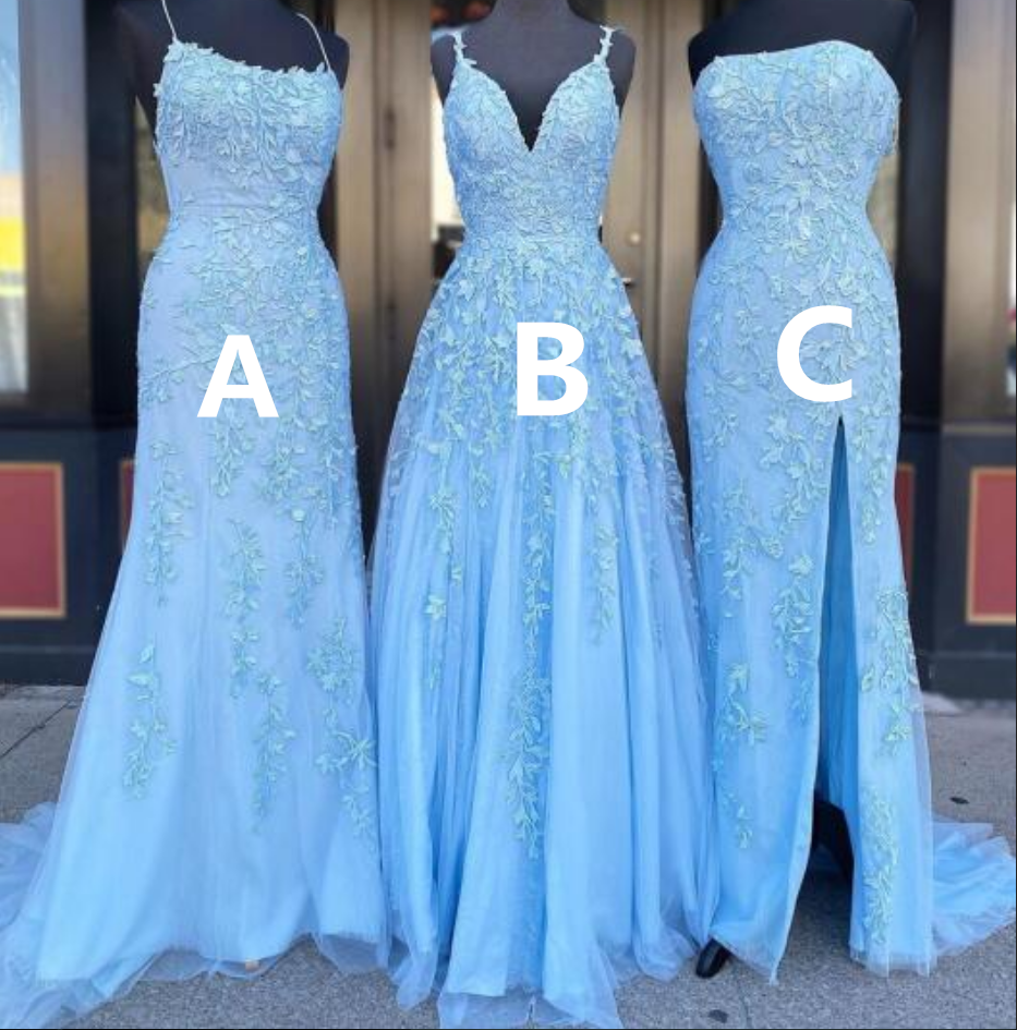 Blue Tulle Lace Customize Long Prom Dress, Evening Dress