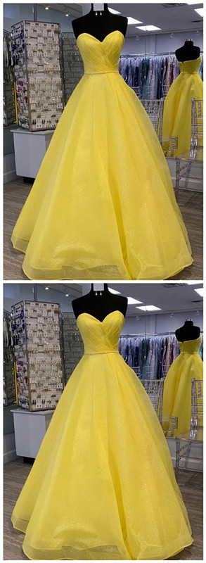Yellow Tulle Sweetheart Neck Long Graduation Dress Prom Dress