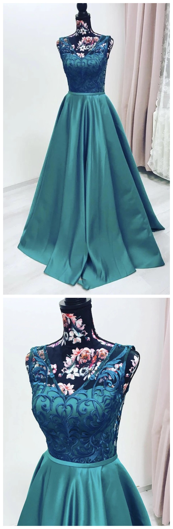 Green Satin Lace Long Dress V Neck Halter Prom Dress