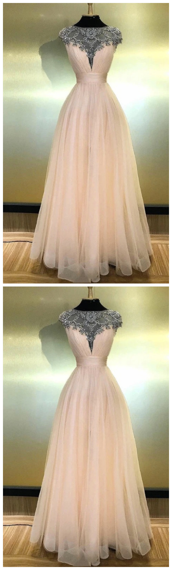 Blush Pink Tulle Cap Sleeve Long Beaded Prom Dress Formal Dress