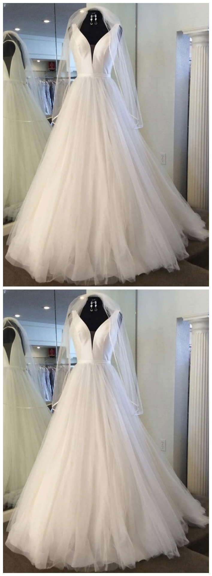 White Tulle Satin A Line V Neck Long Formal Dress Bridal Dress With Veil