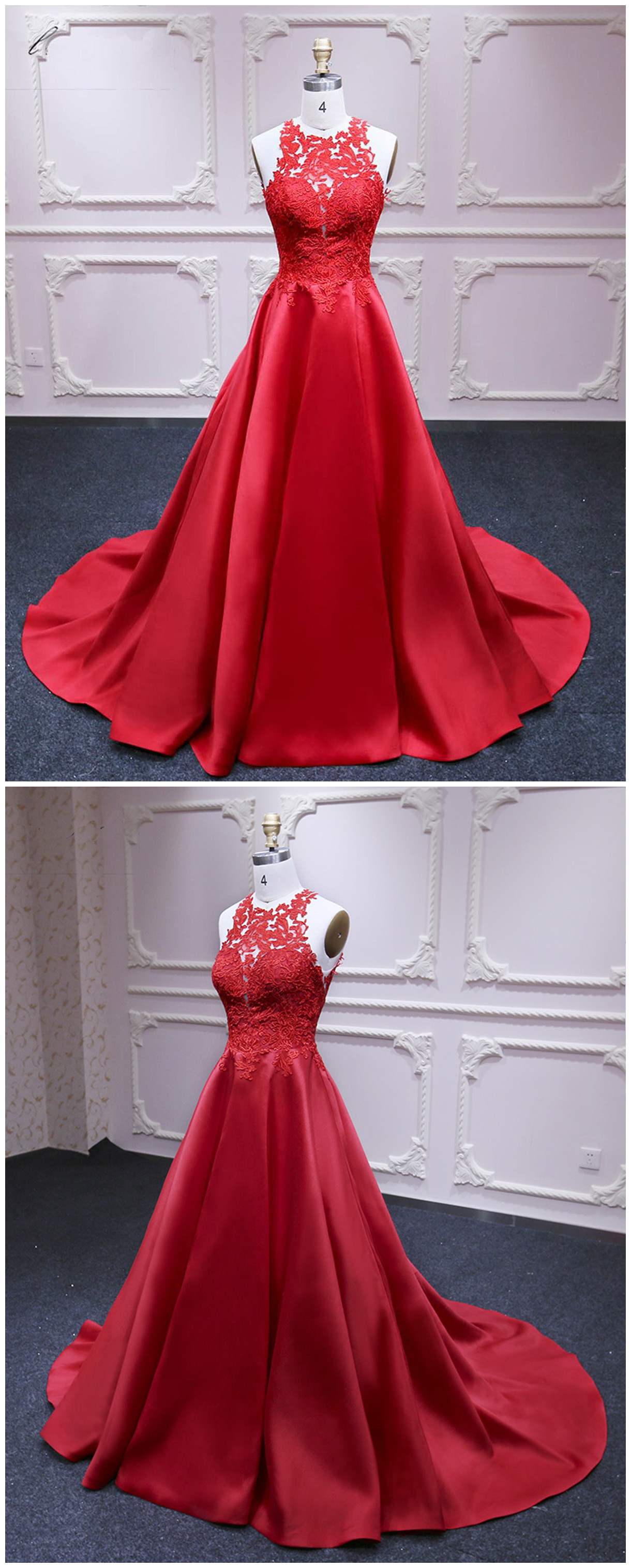 Red Satin Strapless Long Customize Formal Prom Dress With Lace Appliqué