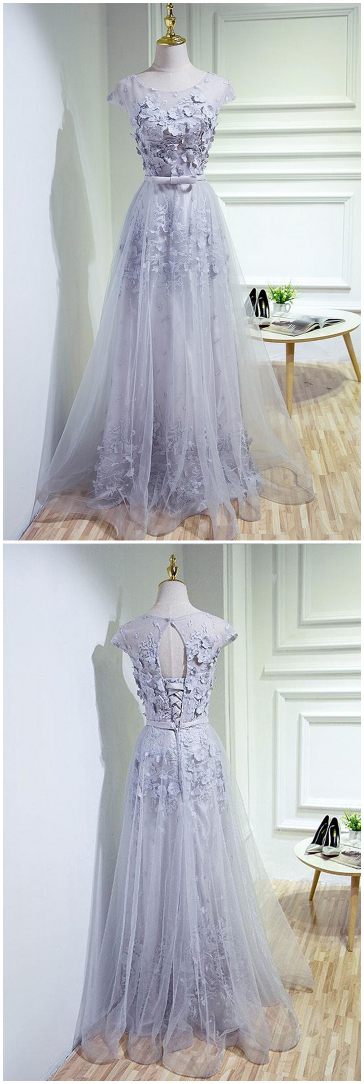 Gray Tulle Floor Length Cap Sleeves Lace Long Sweet 16 Prom Dress, Long Bridesmaid Dress