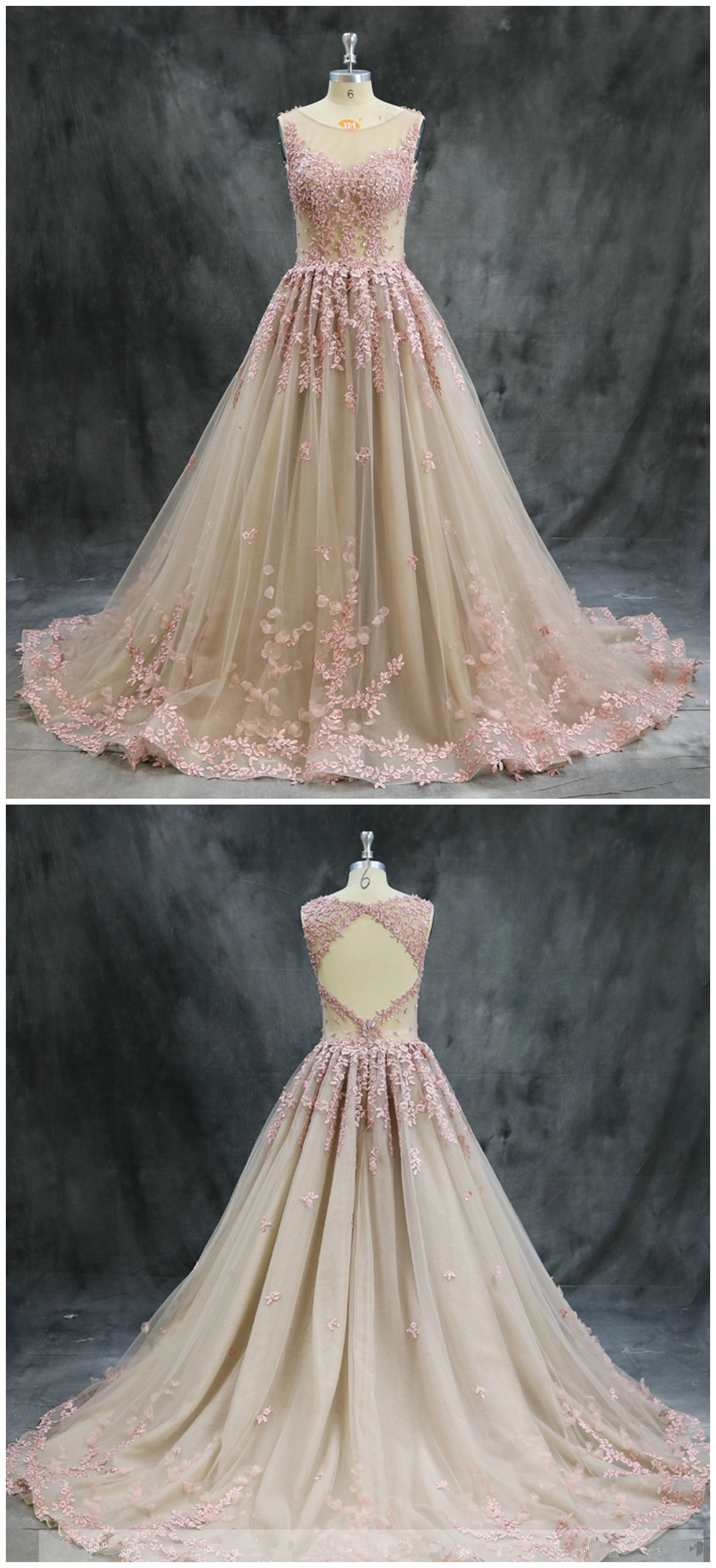 Champagne Tulle Long Open Back Lace Appliqué Senior Prom Dress, Evening Dress,