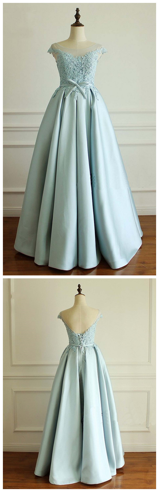 Elegant Mint Satin Cap Sleeves Long A-line Lace Top Prom Dress, Graduation Dress