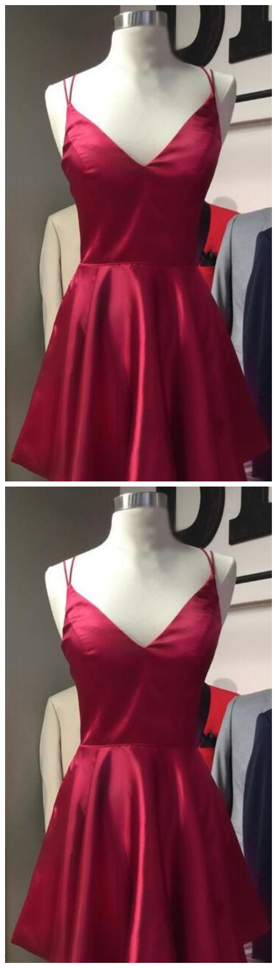Sexy Spaghetti Straps White V Neck Satin Lace Sheath Short Cocktail Dress Homecoming Dress main image 1