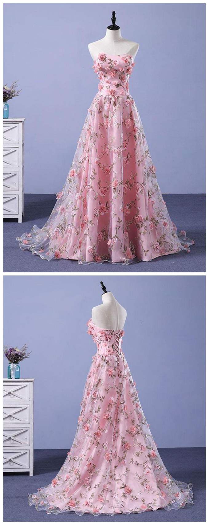 Pink Prom Dresses A-line Sweetheart Sweep Train Floral Print Long Lace Prom Dress