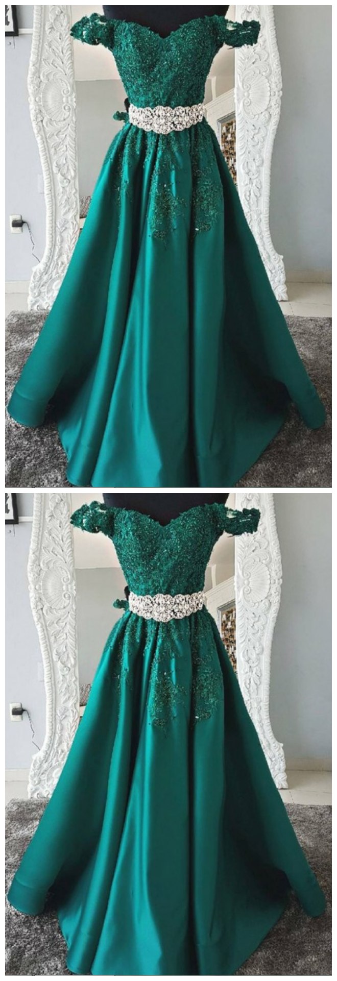 Stunning Off Shoulder Short Sleeves Green Prom Dress With Appliques Beading