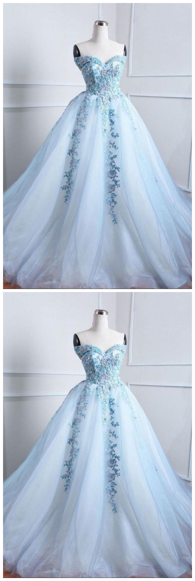 Blue Tulle Lace Applique Long Prom Dress, Blue Evening Dress