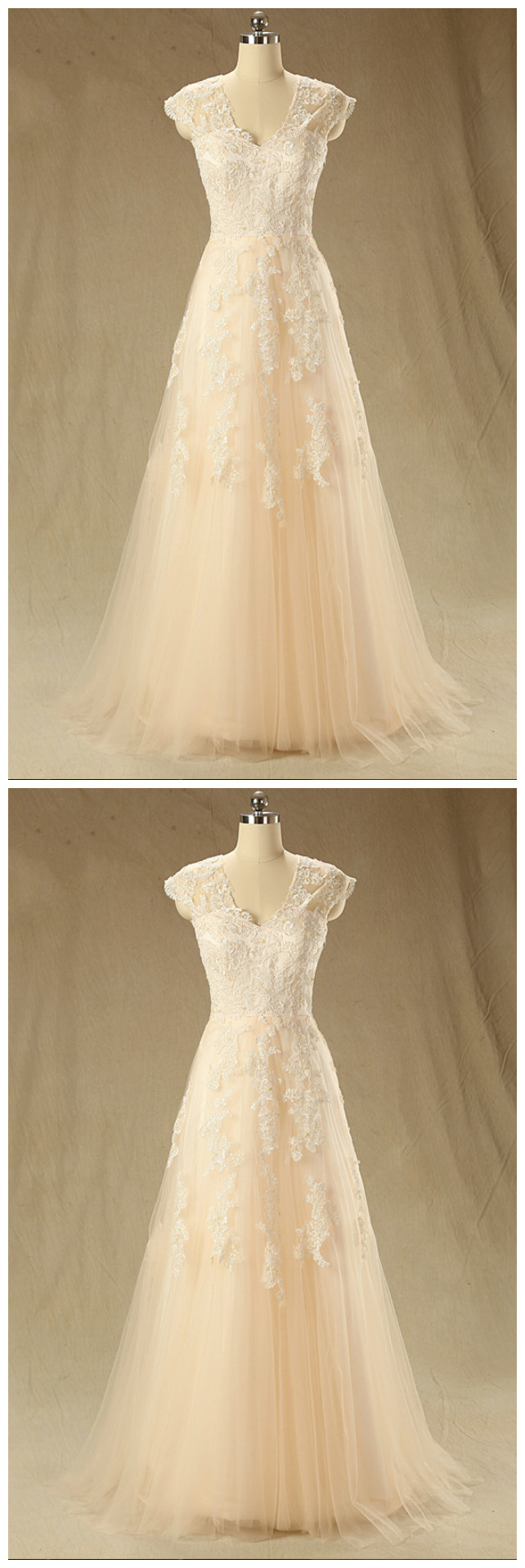 Long Prom Dress, Evening Dress,long Champagne Tulle Appliques V-neck Prom Dresses Cap Sleeves
