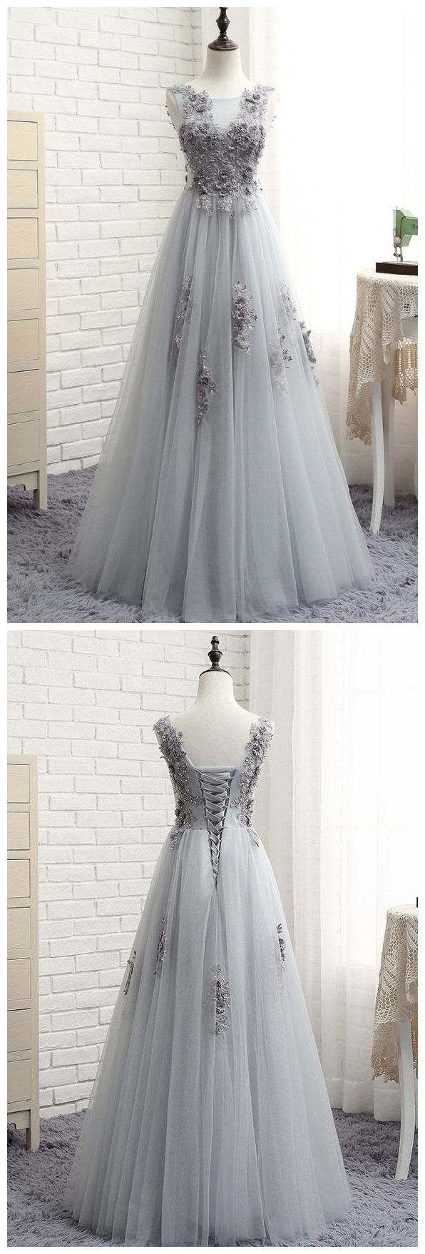 Sliver Gray Sleeveless Floor Length Prom Dresses,appliqued Tulle Prom Dress, Long Lace Appliques Evening Dress