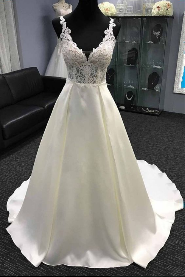 White Satin V Neck Long Halter Formal Prom Dress, White Lace A-line Wedding Dress