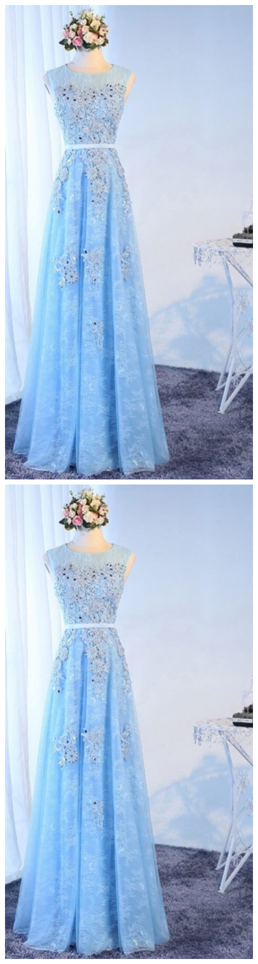 Lace Applique Evening Gown,floor Length Evening Gown ,sleeveless Formal Dress Ball,blue Evening Gowns,sexy Ball Gowns, Custom Made Prom