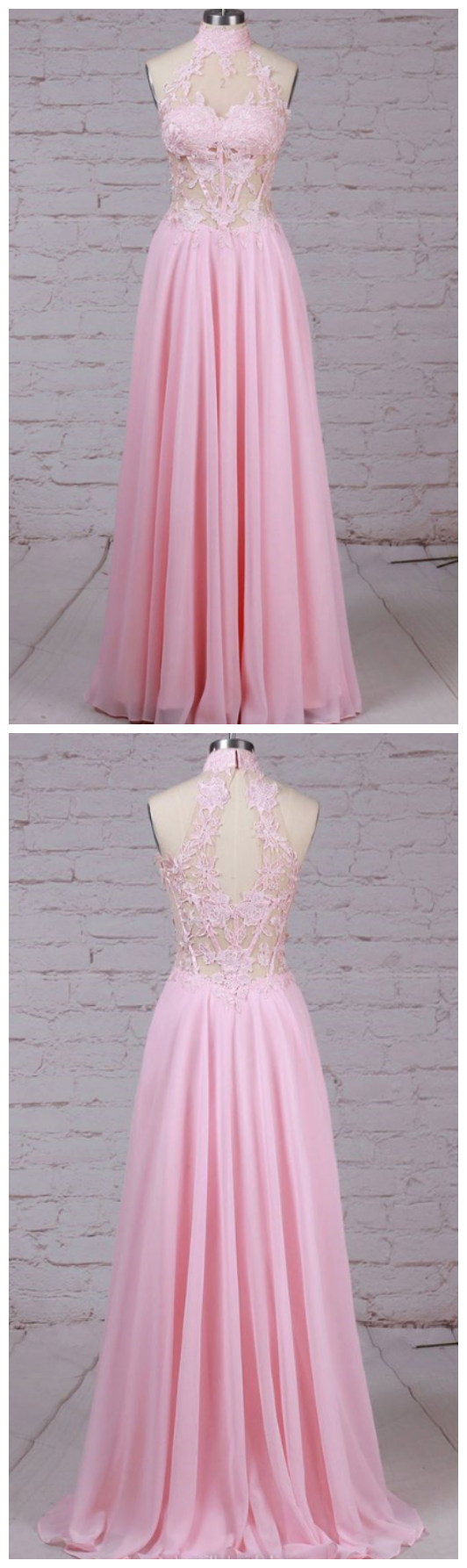 Chiffon Evening Gowns,sexy Ball Gowns, Custom Made Prom, Fashion, Tulle High Neck Floor-length A-line Appliques Lace Prom Dresses
