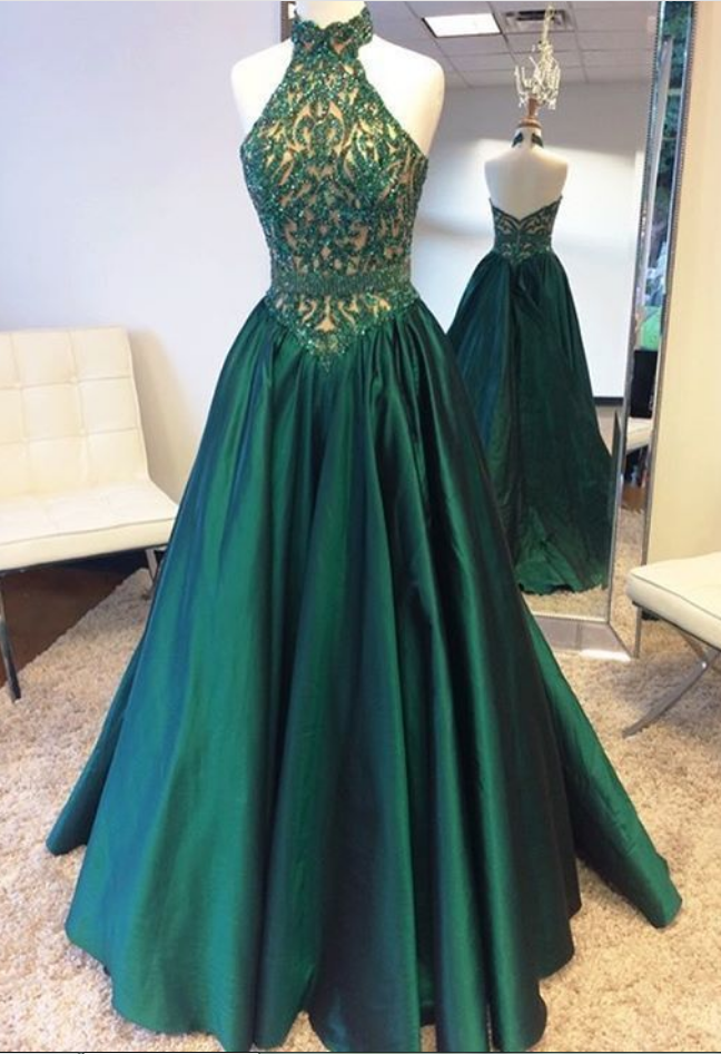 Green Prom Dresses 2019 Halter Neckline, Birthday Party Gown, Homecoming Dress Long, Back To Schoold Party Gown