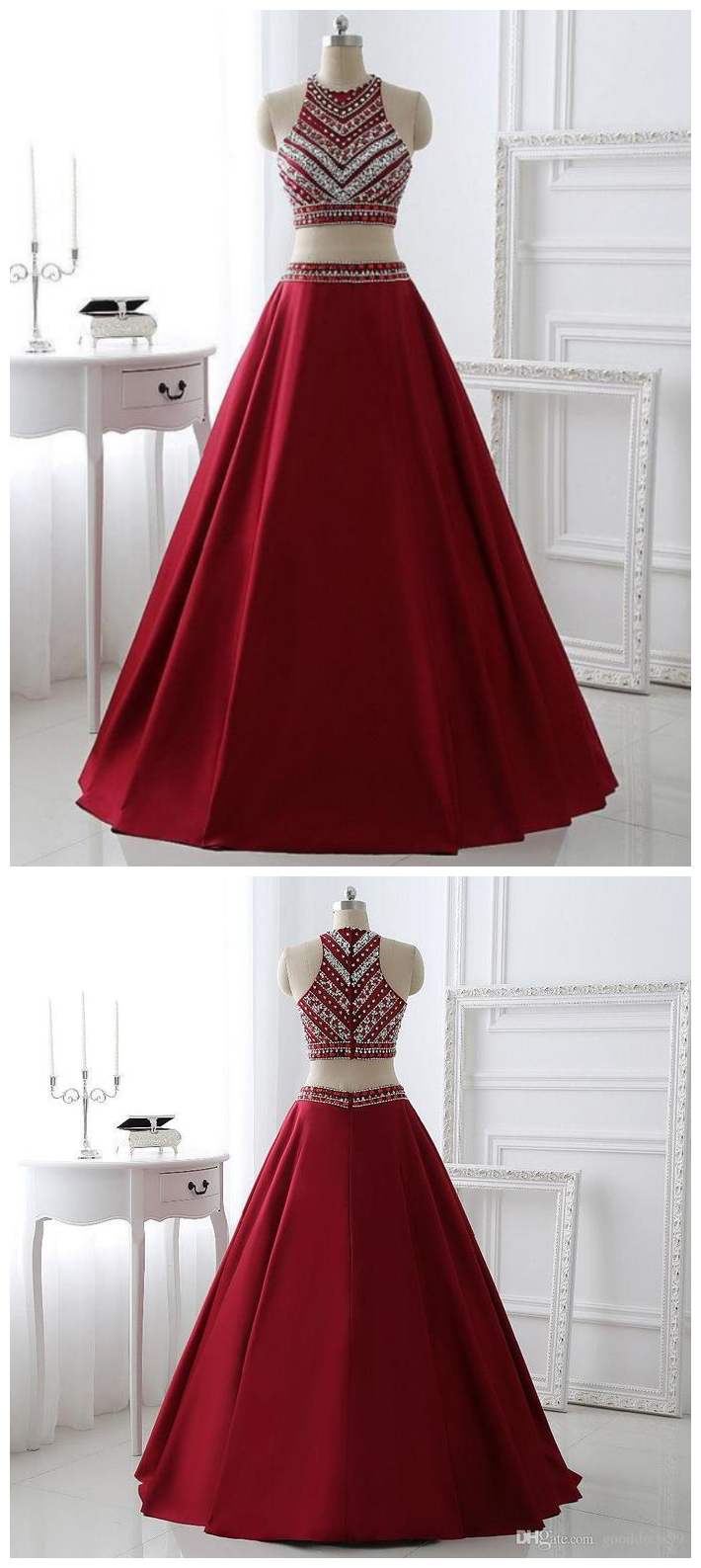Burgundy Two Pieces Prom Dress,homecoming Dress Long, Back To Schoold Party Gown