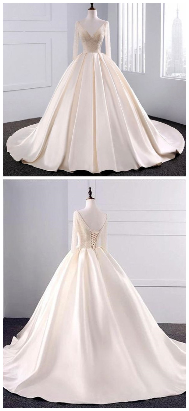 Fashion Simple Beige Wedding Dresses Full Sleeve Modest Lace Satin Bridal Gowns For Wedding