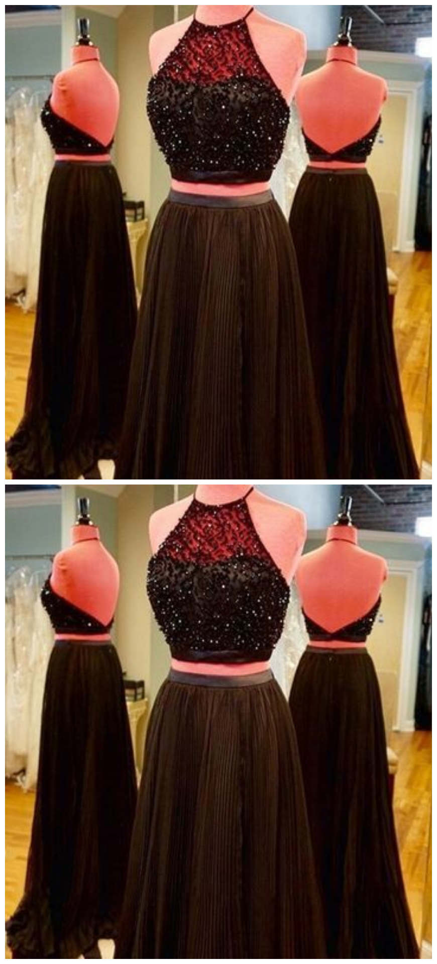 Black Prom Dresses,sexy Prom Dress,2 Pieces Prom Gown,backless Evening Gowns