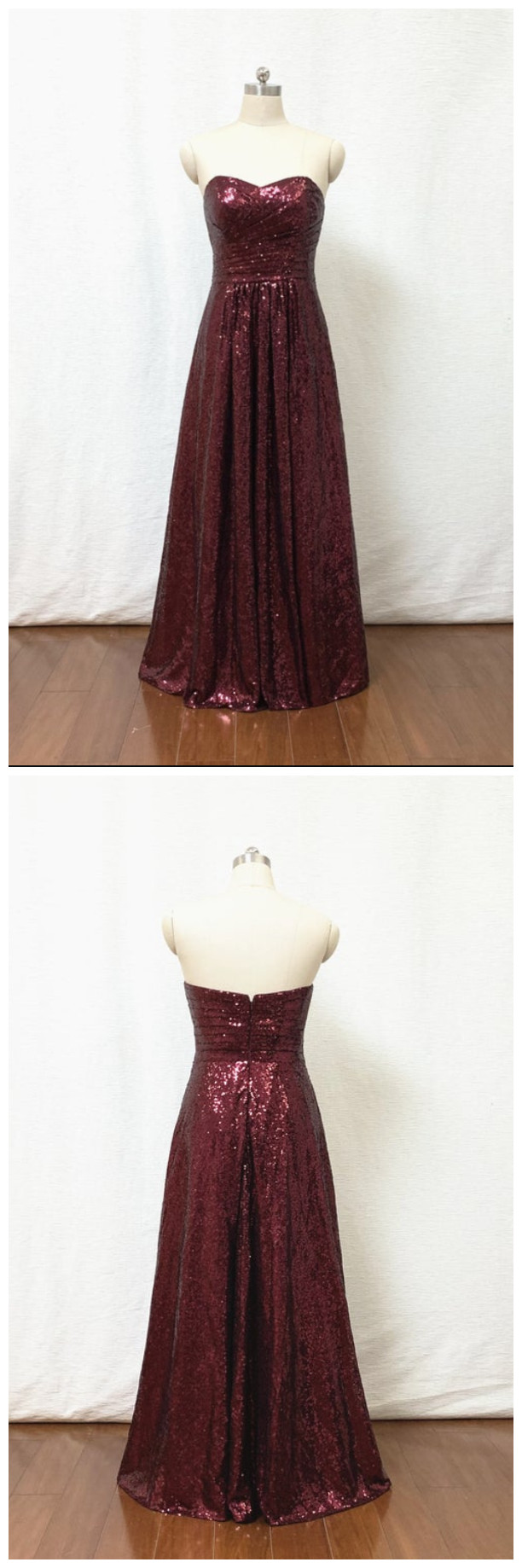 A-line Sweetheart Burgundy Sequin Long Bridesmaid Dress