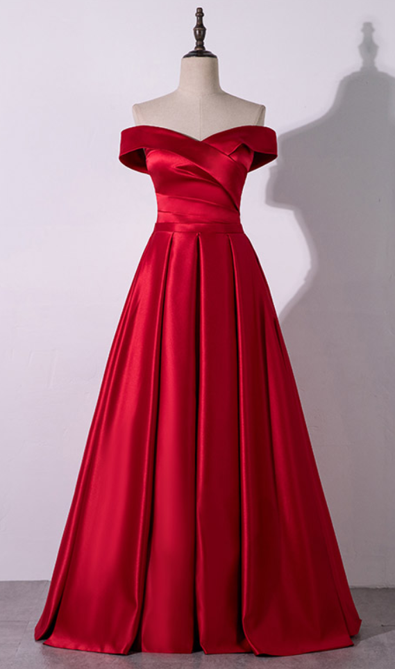 Adore Outfit Simple Red Satin Off The Shoulder Long Prom Dresses ...