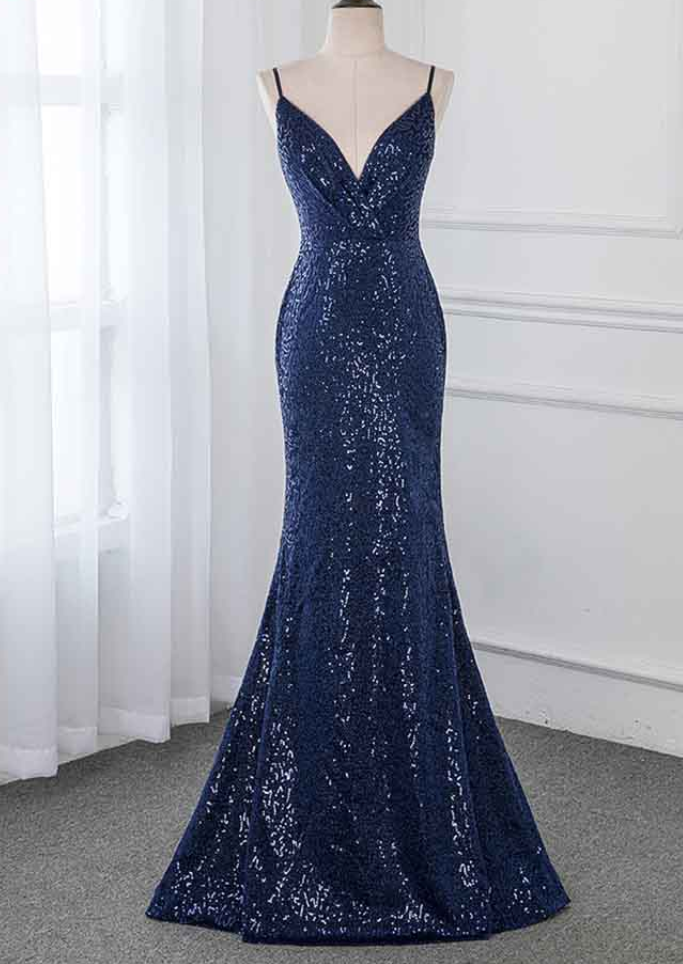 Adore Outfit Navy Blue Long Prom Dresses Sequins Sleeveless Formal Evening Gown  Dress Backless on Luulla