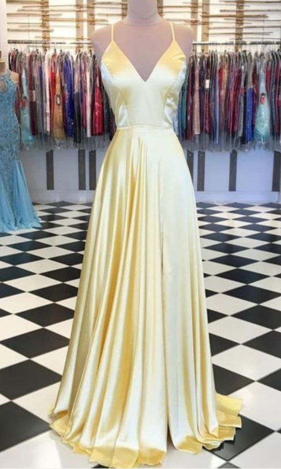Adore Outfit Simple Yellow Satin Long Prom Dress, Yellow Evening Dress