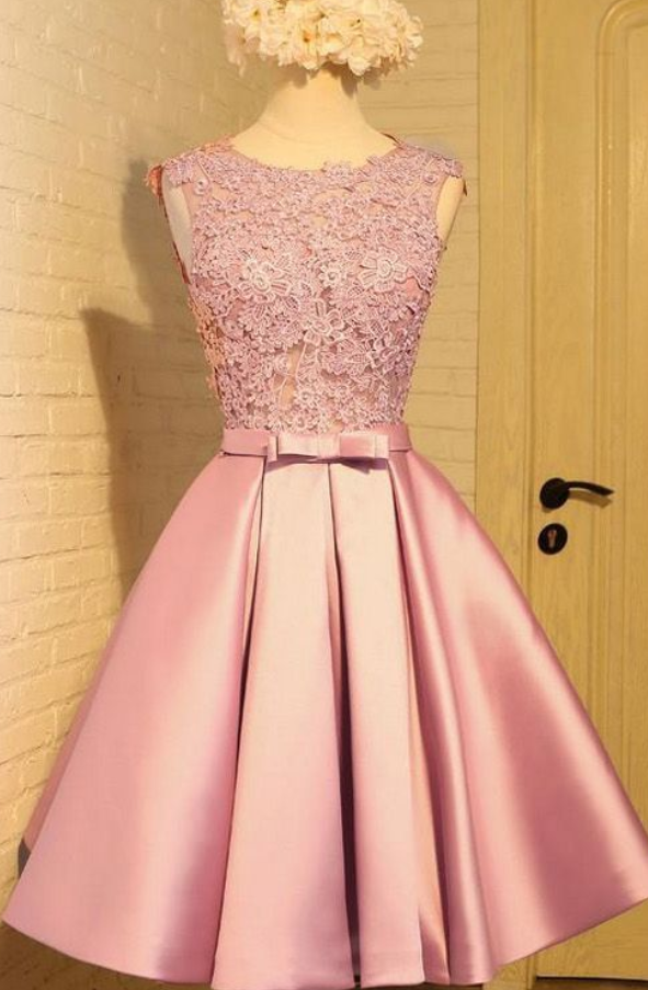Pink Prom Dress, Short Prom Dress, V Back Homecoming Dress, Appliques Bow-knot Satin Short Party Dress
