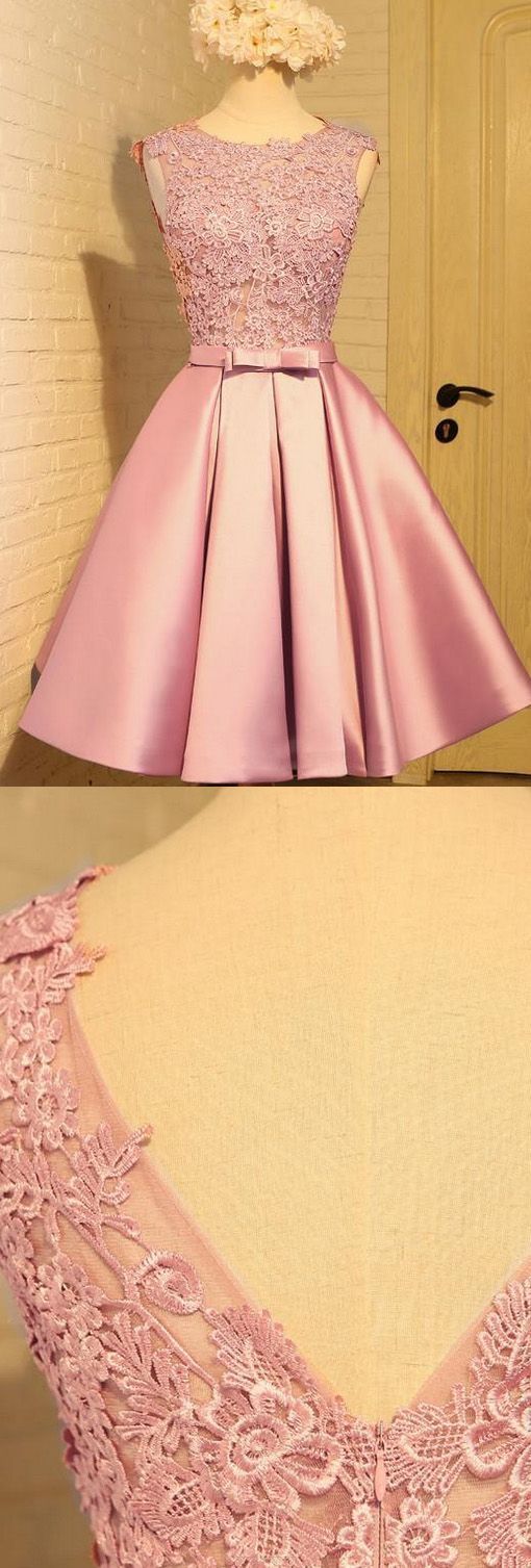 Pink Prom Dress, Short Prom Dress, V Back Dress, Appliques