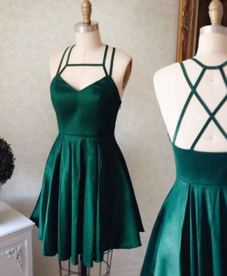 Emerald Homecoming Dress,short Party Dress,green Straps Formal Dress,v Neck Short Prom Dress
