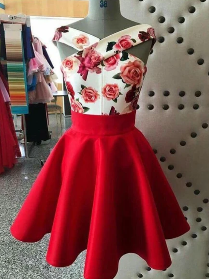 Red Flower Print Bodice A Line Short Homecoming Dress, Party Dress